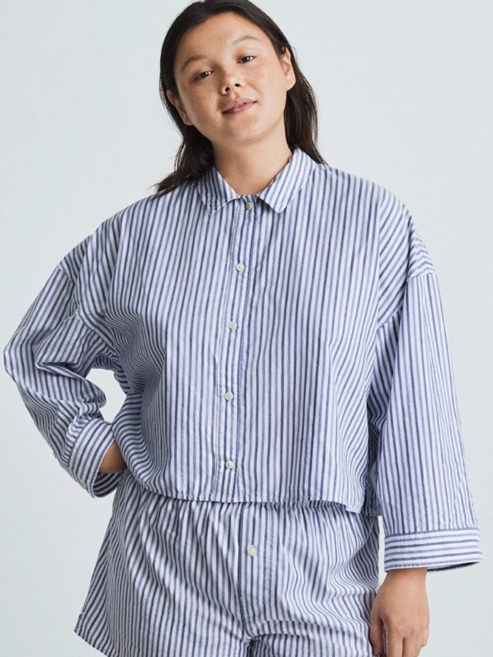 Everlane Cropped Striped Cotton Button Down The Woven PJ Top NWT Medium